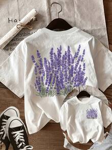 Sommartoppar: Dam Vintage Lavender Flower Field T-shirt - Kortärmad topp med rund hals, avslappnad passform och dubbelsidigt lavendeltryck, andningsbar avslappnad blus, lämplig för vår- och sommarfritidskläder, maskintvättbar t-shirt i bomullsfri form, sommarkläder. - Vitt - Visa 6