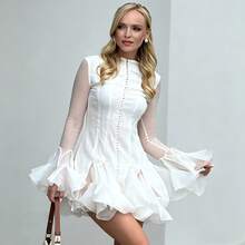 Women's Long Sleeve Mesh Panel Ruffle Hem Mini Dress| Elegant Button-Front A-Line Party Dress - White - View 7