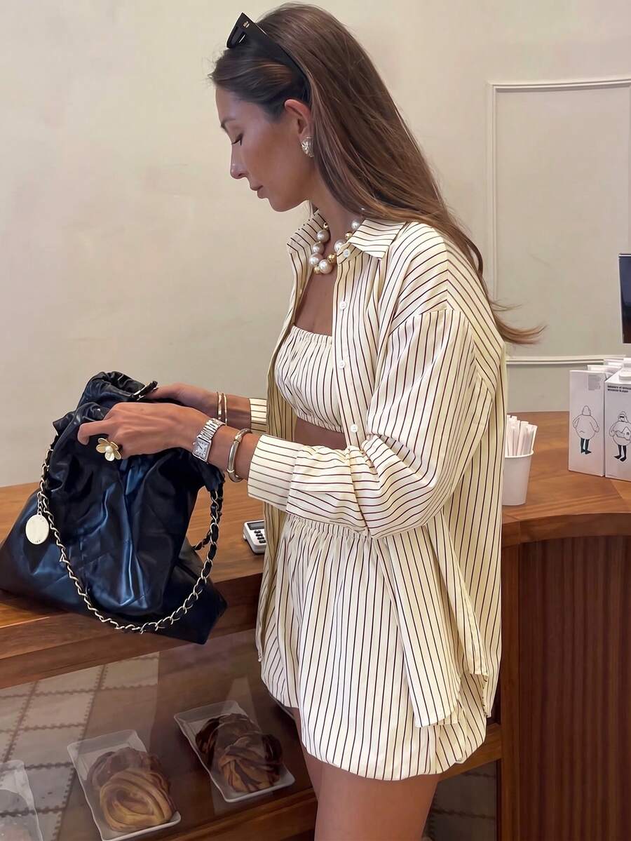 2026 Spring/Summer 3-Piece Set For Women, Striped Chic Retro Style Tube Top, High Waist Shorts, Long Sleeve Shirt, Apricot Color, Resort Wear, Beach Vacation Outfit, Y2K Style, Casual Outing Set, Holiday Matching Set, Street Fashion Elegant - Apricot - View 1