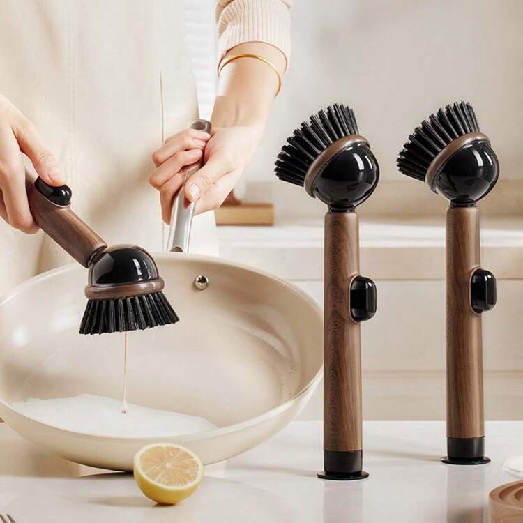 Cọ rửa nồi đứng có đế hút chân không với tay cầm vân gỗ | Bàn chải rửa chén cán dài có thể đứng trên mặt bàn, dụng cụ vệ sinh nhà bếp đa năng: Lý tưởng để làm sạch nồi, chén đĩa, bồn rửa, bếp và nhiều hơn nữa - Trợ thủ đắc lực giúp tăng hiệu quả làm sạch nhà bếp. - A - Xem 3