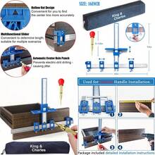KingandCharles - Plantilla de hardware para gabinete, plantilla de mango de gabinete con punzón central automático, plantilla de cajón para tiradores, juego de herramientas de plantilla de hardware para manijas y tirones - Azul - Ver 1