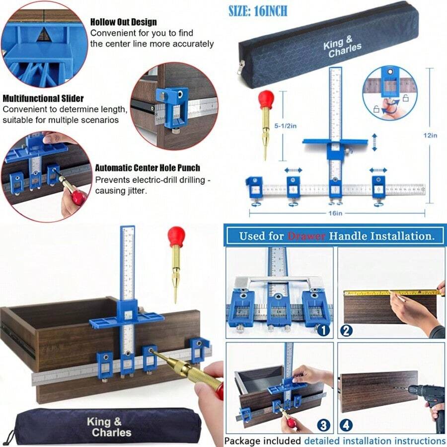 KingandCharles - Plantilla de hardware para gabinete, plantilla de mango de gabinete con punzón central automático, plantilla de cajón para tiradores, juego de herramientas de plantilla de hardware para manijas y tirones - Azul - Ver 1