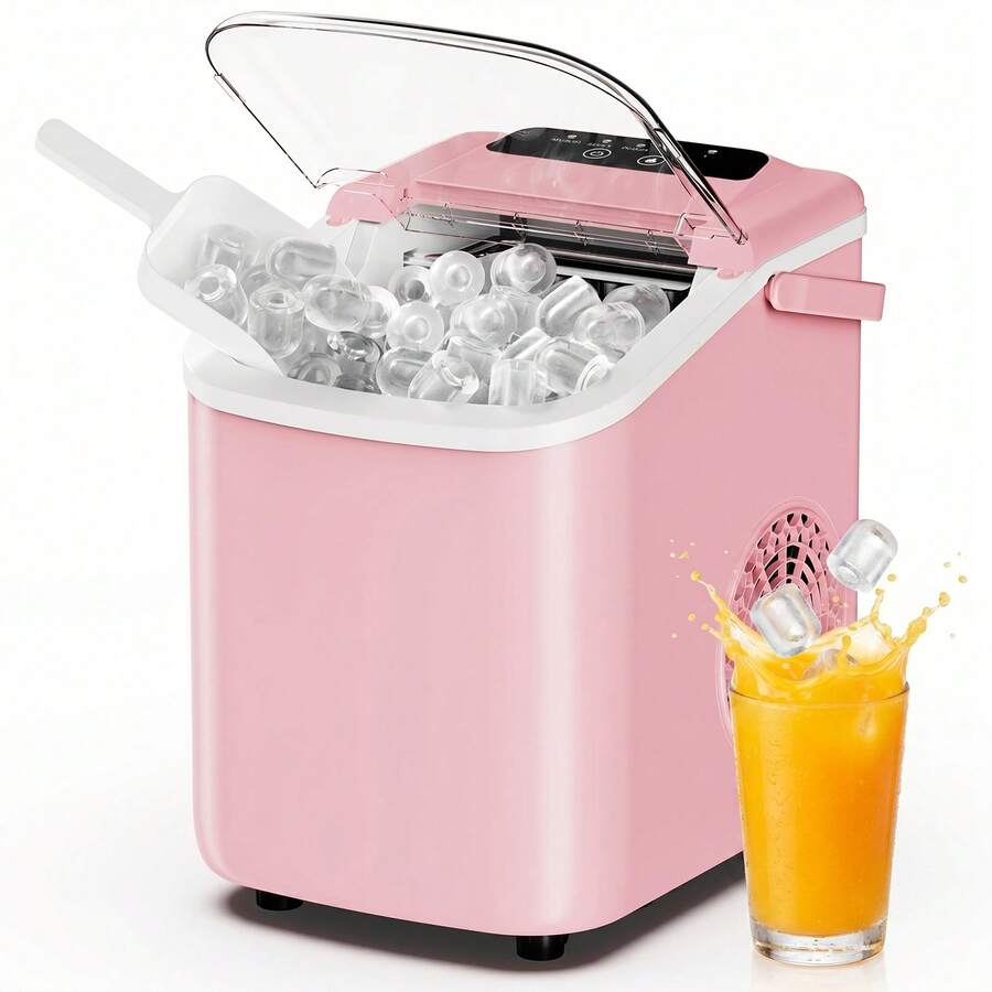 Sweetcrispy Ice Maker Countertop, Ice Machine With Portable Handle, Basket And Scoop, 26lbs Daily, 9 Bullet Cubes In 6~8 Mins, Auto-Cleaning For Home - Pink - View 1