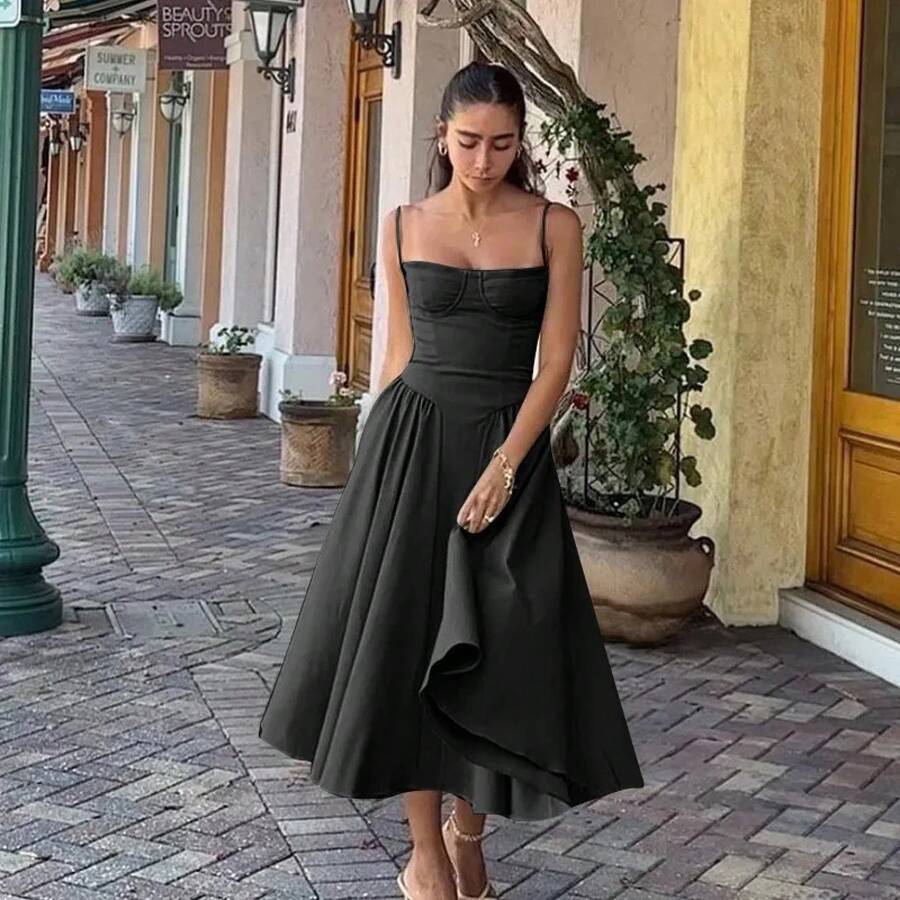 Vestido plisado sin mangas para mujer, traje Midi liso con tirantes, Espalda descubierta, Sexy, para fiesta de noche, verano 2024 - Negro - Ver 1