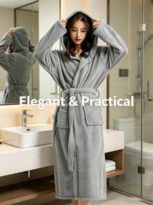 1pc Coral Fleece Turtle Shell Pattern Hooded Bathrobe, Length 130cm/51.18in, Unisex Loungewear, Soft, Absorbent, Suitable For Home, Hotel, Salon, Gift - Navy Blue - View 6