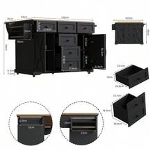 High-Quality Kitchen Island, Multifunctional Serving Trolley With Wood Grain And Large Storage Space, Mobile Buffet Cabinet, Kitchen Trolley For Dining Room, Living Room, Kitchen, Black - Black - View 2