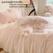 Juego de ropa de cama con volantes de gasa de 5 piezas (1 funda nórdica + 4 fundas de almohada, sin relleno), estilo princesa con lazo 3D rosa y blanco, tamaño queen, suave y cómodo, adecuado para todas las estaciones, con lazos en las esquinas, ideal para dormitorio, hotel - blanco - Ver 3