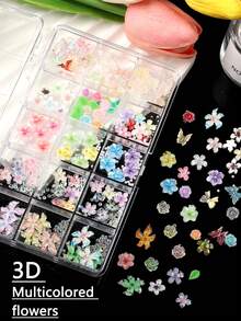 12-Slot 3D Flower Nail Art Decoration Set, Mixed Color Resin Flower & Bow Decor With Pearl & Rhinestone, Suitable For DIY Nail Art And Craft Decoration - Multicolor - View 4