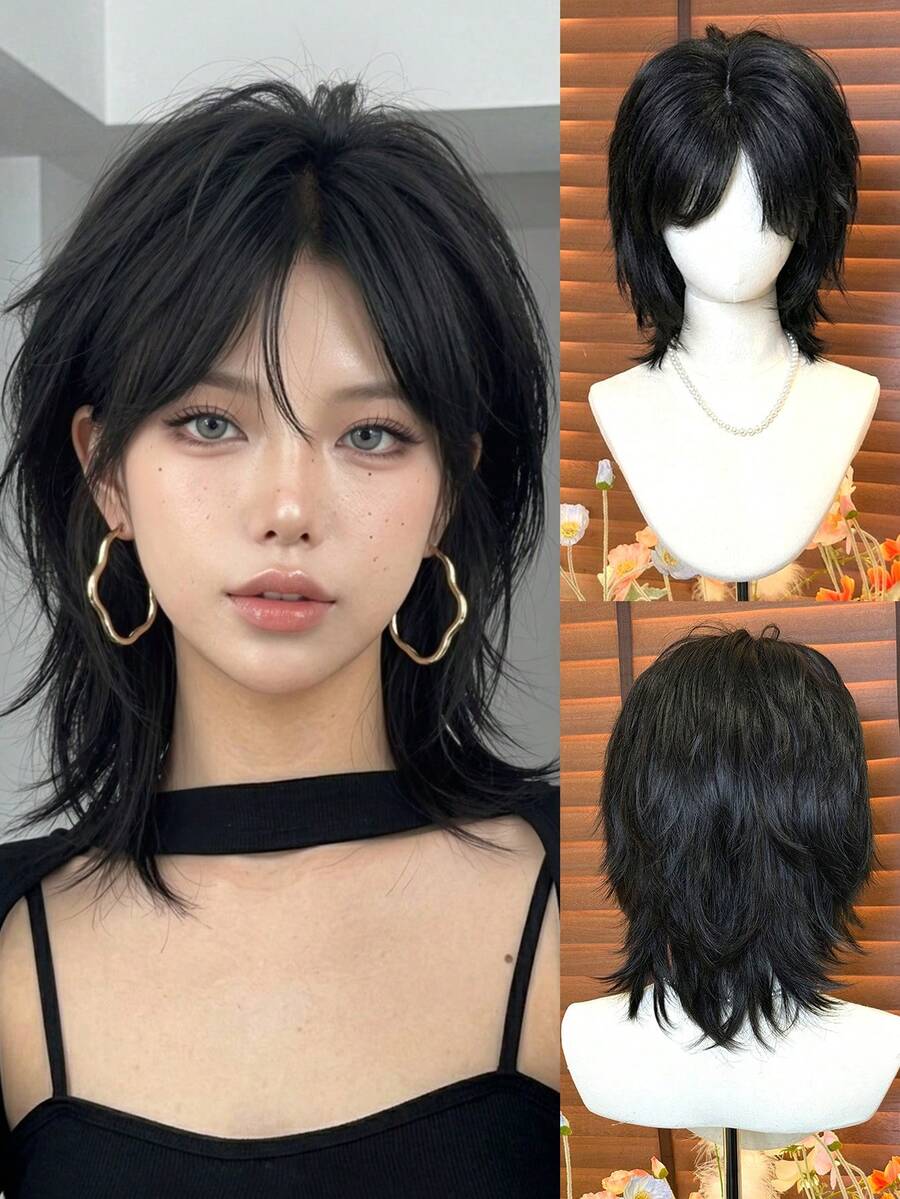 [MONEET SECRET] 12英吋自然黑色仙女風瀏海假髮，可愛趣味成人假髮，耐熱耐用，適合派對與日常配戴，優雅完美，適合女士假期、萬聖節與聖誕節日常時尚 - 黑色 - 查看 1