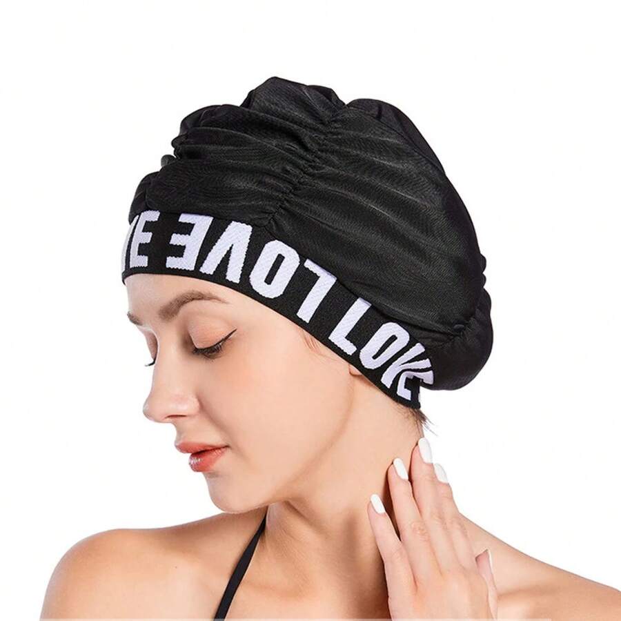 Gorros de baño plisados con estampado de letras Love para mujer, gorro de baño para adultos, piscina de aguas termales, Spa, cómodo, protege las orejas de pelo largo - BLANCO - Ver 1
