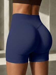 FWH #Slimming & Shaping# 女款無縫運動短褲，彈性腰帶，3D抓皺設計，舒適彈性腰，提臀抓皺效果，強化臀部線條，活動自如，適合日常休閒、運動、健身、跑步，不束縛 - 藏蓝色 - 查看 3