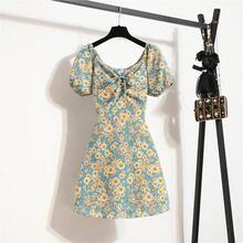 Minivestidos de mujer, moda de verano, Vestidos femeninos con estampado Floral, Vestidos de gasa fruncidos, plisado, manga corta acampanada, vestido informal - 2 - Ver 7