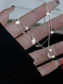 1 chiếc vòng tay bạc Sterling S925 hình ngôi sao và mặt trăng, vòng tay hai lớp lấp lánh thanh lịch dành cho nữ, phụ kiện thời trang tối giản tinh tế hình ngôi sao và mặt trăng theo phong cách . - ngôi sao và mặt trăng - Xem 9