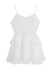 Vestido casual de alças finas com detalhes em renda, cor sólida, estilo elegante para primavera e verão. - Branco - Ver 7