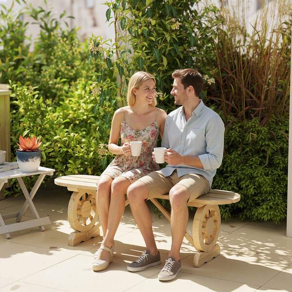 Outsunny Outdoor Bench With Wagon Wheel Legs, 2-Person Wood Garden Bench, Rustic Patio Bench Loveseat With Slatted Seat For Park, Porch, Backyard, Natural Wood