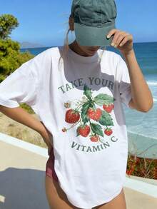 Áo thun nữ mùa hè in hình dâu tây và vitamin C dáng rộng, cổ tròn, tay ngắn, kiểu dáng thường ngày, màu trắng. - trắng - Xem 6