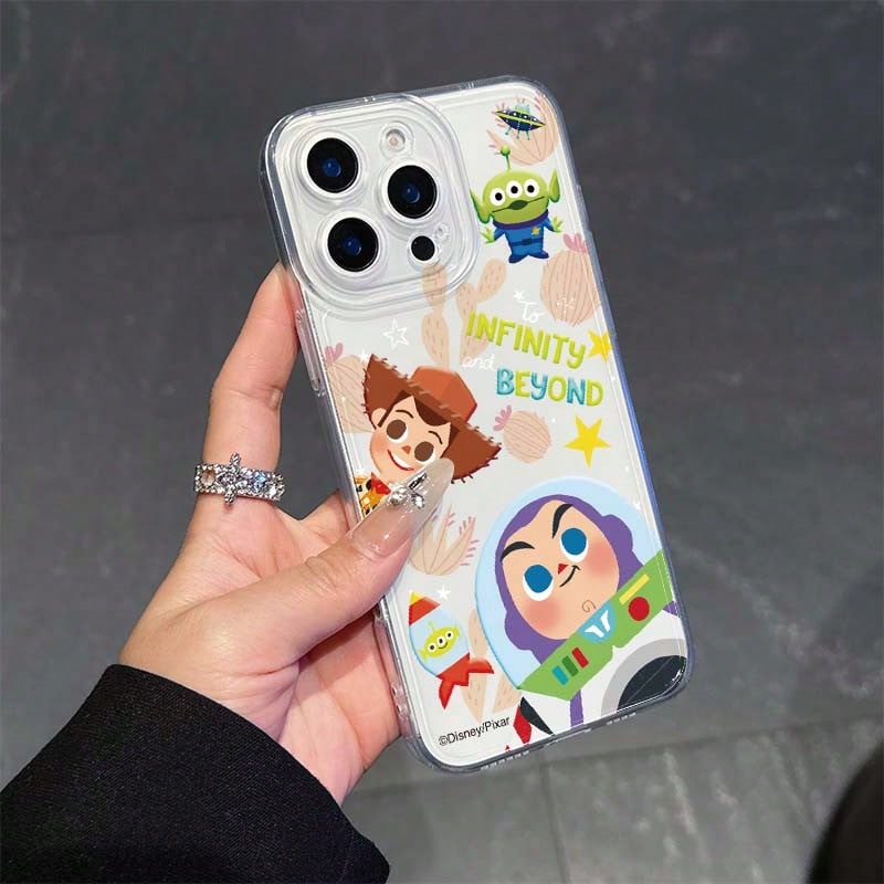 Funda de teléfono transparente a prueba de golpes con estampado de Woody, Buzz y Alien de tres ojos de Toy Story, de mezclilla, de dibujos animados, para parejas, con tacto cómodo, linda y juguetona, compatible con iPhone 18 Pro/18 Pro Max/17/17 Pro/17 Pro Max/16/15/14/13/12 Pro & Pro Max Series - transparente - Ver 1