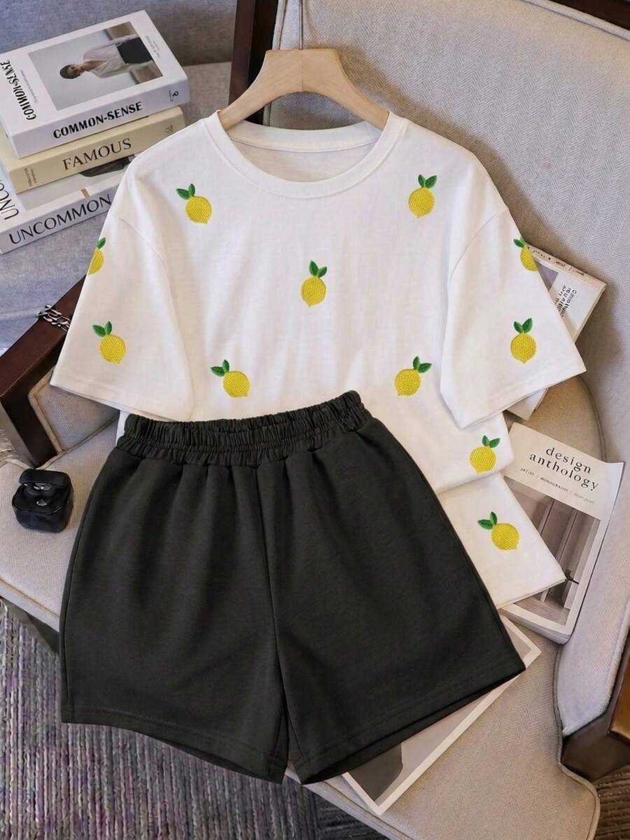 Conjunto set 2 piezas Limon Camiseta con estampado Integral & Shorts de Contraste French Terry ultra comodo ideal casual diario casa pijamada estilo dulce - Negro - Ver 1
