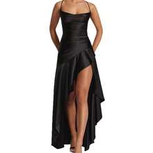 Satin Maxi Dress, Sexy Spaghetti Strap Open Back Ruffle Irregular Hem, Evening Party Prom Gown - Đỏ - Xem 6