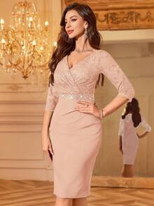 MIUSOL Elegant Women's Sequin Lace Bodycon Cocktail Dress, 3/4 Sleeve V Neck High Waist Midi Pencil Dress With Ruched Wrap Hem For Wedding, Evening Party - Champagne - View 7