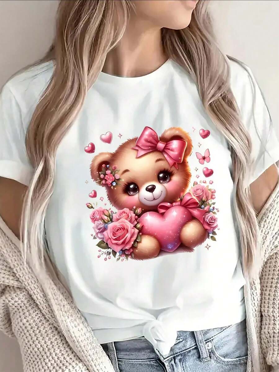 Ladies lindo oso de peluche rosa corazones y rosas imprimir camiseta negra - manga corta suave cuello redondo Top casual con oídos como un arco y mejillas rojas diseño, ligero y cómodo para el hogar, cafetería, vestido de San Valentín (lavable en la máquina)