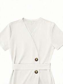 Vestido ajustado de color sólido para mujer, cuello en V elegante, abertura con botones, ideal para oficina y casual, primavera y verano - Beis - Ver 6