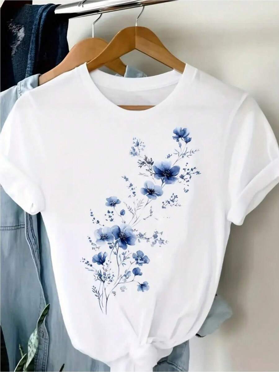 Camiseta de cuello de tripulación con patrón floral unisex con estilo | Camiseta diaria cómoda | Top de manga corta adorable y casual | Tela transpirable flexible | Blusa de moda para la primavera, el verano y el otoño | Tamaños S-3XL