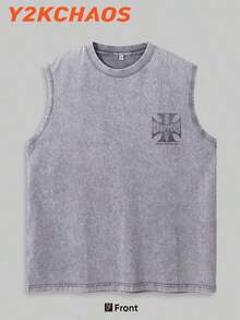 Y2KCHAOS 210g Washed Pure Cotton Vest Men's Vest Streetwear Style American Casual Wear West Coast Choppers Graphic Print Motorcycle Culture Inspired Design For Men And Young Adults-Vintage Street Style Unisex Loose Cotton Short Sleeve Crew Neck T-Shirt - 灰色 - 查看 4