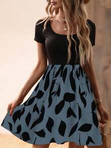 New European And American Fashion Women's Dress With Patchwork Round-Neck Design, Short Style | Elegant And Comfortable For Everyday Wear - Dark Green - View 9