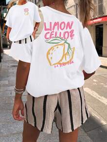 Plus Size Women's Casual Lemon Print Round Neck Short Sleeve T-Shirt, Suitable For Spring, Summer, Autumn, Vacation White - White - View 6
