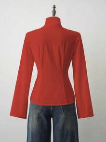 Blazer para mujer con diseño de inspiración oriental, corte ajustado, detalles de botones de nudo tradicionales y tejido suave, color negro y estilo chic retro, perfecto para looks semi-formales, eventos culturales, reuniones informales y combinaciones elegantes con ropa de calle - Rojo - Ver 2