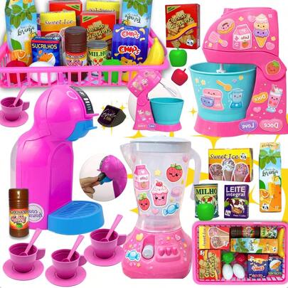 SPI Kit 36 Peças Cozinha Infantil Com Liquidificador Cafeteira Batedeira Adesivos Personalizáveis Xícaras E Acessórios