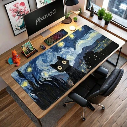1个梵高星夜猫子抽象艺术鼠标垫，大尺寸游戏鼠标垫，电竞办公键盘垫，橡胶底涤纶长方形电脑鼠标垫，键盘支撑垫|梵高风格