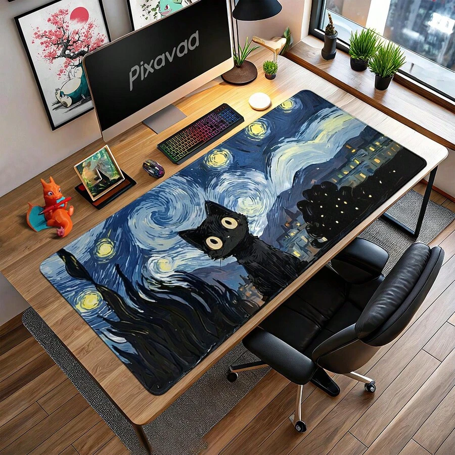 1 件梵高星空猫抽象艺术鼠标垫，大型游戏鼠标垫，电竞办公键盘垫，橡胶底涤纶长方形电脑鼠标垫，键盘支撑垫 | 灵感源自梵高 - 查看 1