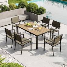 AOXUN 7 Piece Garden Dining Set For 6, Outdoor Dining Set With 6 Stackable Textilene Chairs And1 Rectangular Metal Table, Texteline Seats, Decorative Armrests For Balcony, Patio, Terrace, Brown - Brown - View 1