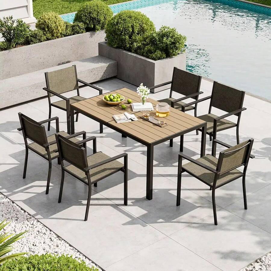 AOXUN 7 Piece Garden Dining Set For 6, Outdoor Dining Set With 6 Stackable Textilene Chairs And1 Rectangular Metal Table, Texteline Seats, Decorative Armrests For Balcony, Patio, Terrace, Brown - Brown - View 1