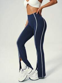 UONNOU Women's High Waist Colorblock Split Flare Leg Tight Pants, Tummy Control Butt Lifting Fitness Yoga Pants Sports - Navy Blue - View 4