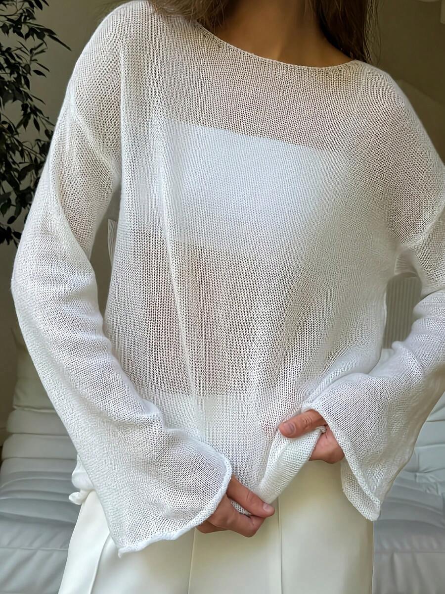 Suéter de punto de manga larga con efecto transparente para mujer talla grande, playa para primavera/verano blanco - Blanco - Ver 1