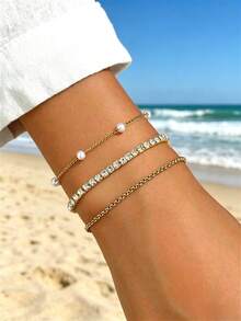 3 Stück/Set modisches, vielseitiges, elegantes, personalisiertes, bohemian-artiges Armband-Set mit Perlen und Kristallkette, geeignet für Teenager-Mädchen, ideal für Sommerausflüge und Strandurlaube - Verschiedenfarbig - Übersicht 2