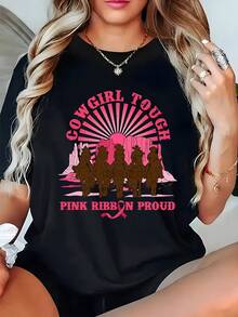 100% algodón puro, denim orgulloso, resistente, fuerte patrón impreso camiseta cuello redondo cómoda camiseta de manga corta de las mujeres, transpirable deportes casual camiseta de algodón superior, regalo de vacaciones, regalo de vacaciones - Negro - Ver 2