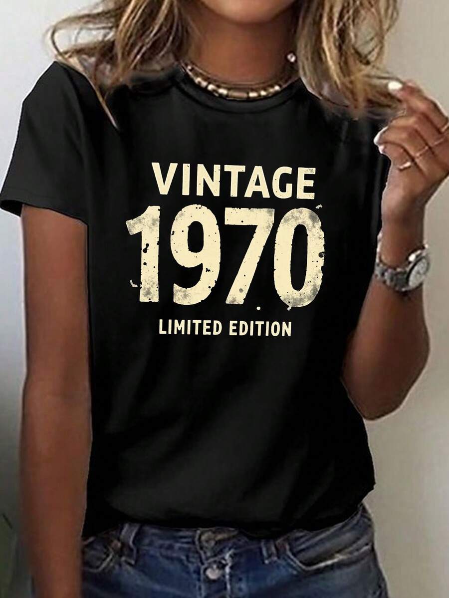VINTAGE 1970 LIMITED EDITION Impresión camiseta, manga corta cuello tripulación top casual para verano y primavera, ropa de mujer