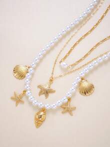 Set de 3 collares minimalistas de estilo bohemio con colgante de estrella de mar de concha falsa, collares multicapa para mujeres, parejas, hermanas, adecuados para verano, vacaciones, citas, diario, fiesta, boda, regalo para mamá, amigos - Amarillo Oro - Ver 5