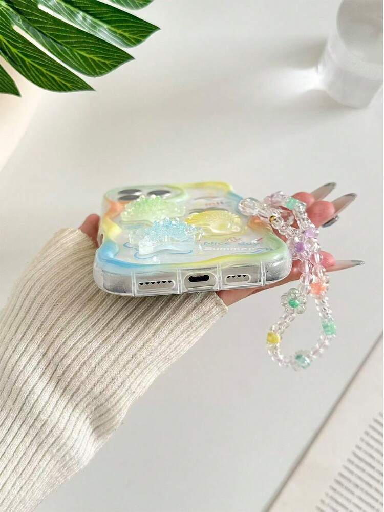 卡通海星贝壳配饰彩色油画波浪边印花保护壳带链，适用于 17、17 Pro、17 Pro Max、16/16 Pro Max/15、14、XR/7/8、15 Pro Max、Apple 13、14，软壳P12，防摔XS直边彩色 - 彩色 - 查看 6
