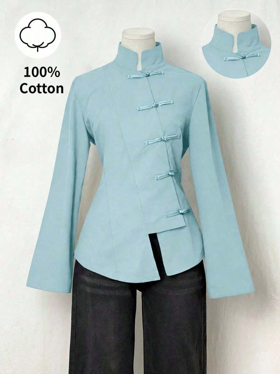 Blazer para mujer con diseño de inspiración oriental, corte ajustado, detalles de botones de nudo tradicionales y tejido suave, color negro y estilo chic retro, perfecto para looks semi-formales, eventos culturales, reuniones informales y combinaciones elegantes con ropa de calle - Azul - Ver 1