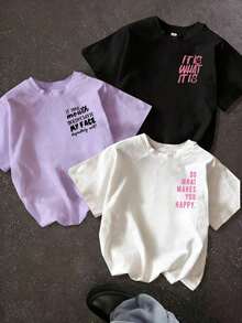 3 piezas Nuevas camisetas de manga corta de mujer con cuello redondo, de corte holgado y con diseño lindo, ideales para uso diario y vacaciones. Nuevo conjunto de verano para mujer con estampado gráfico de 3 piezas, de cuello redondo. Adecuado para el Día de San Valentín, el regreso a la escuela, el Día del Maestro y otras festividades. Camisetas casuales de manga corta, sueltas y cómodas con estampado de letras para uso diario. - Multicolor 4 - Ver 3