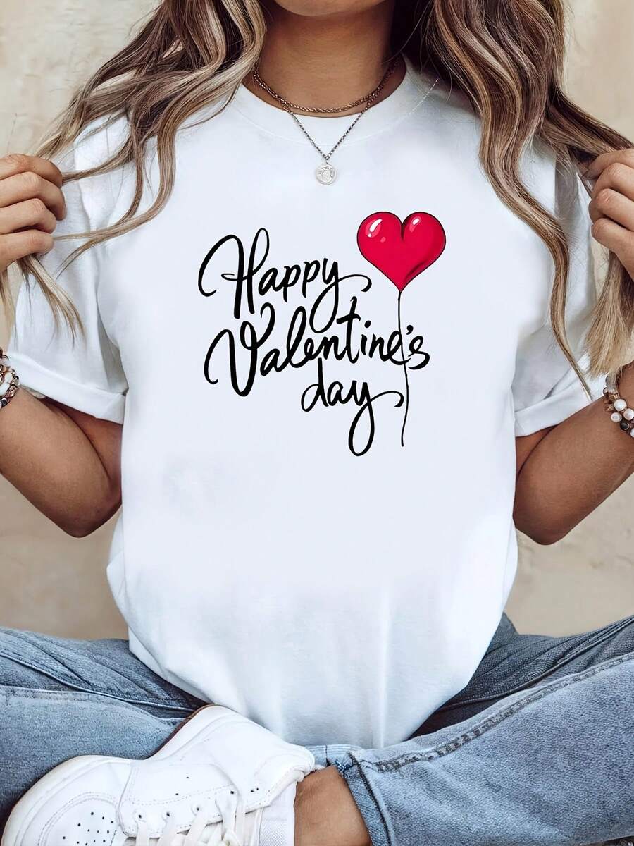 Plus Size, mujer Plus Size Oversized "Feliz día de San Valentín" Camiseta - Corazón Impresión y Decoraciones brillantes del corazón, cuello redondo camiseta de manga corta para San Valentín, fecha de la noche, ropa informal - regalo romántico lavable a la máquina adecuado para fiestas y ocasional