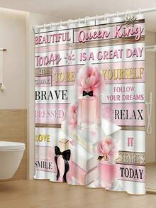 1/4pcs Pink Floral Pattern Bathroom Decor Set, Including Bathroom Curtain, Shower Curtain With Inspirational Quotes, Rug And Accessories, Girly Fragrance Bathroom Set - A - View 9