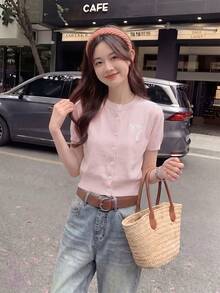 Áo khoác cardigan tay ngắn ôm dáng, cổ tròn, cài cúc phía trước, thêu nơ, thích hợp cho mùa hè. - Hồng - Xem 5