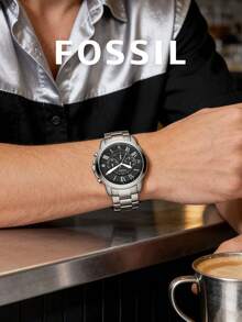Fossil 男士经典不锈钢表带石英表，时尚商务模拟腕表，黑色表盘，罗马数字时标，多功能小表盘，优雅金属表带，适合日常办公、聚会、送给丈夫/男友的礼物 - 銀色 - 查看 4