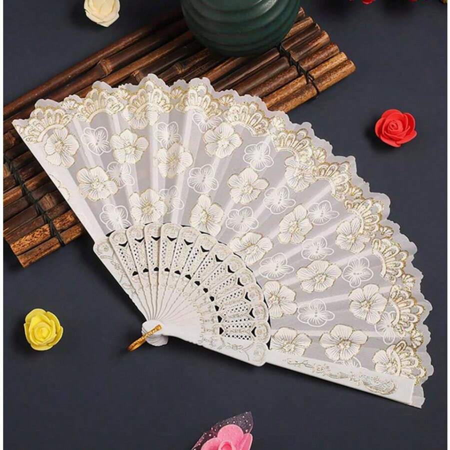 白色樱花手扇,烫金图案,适合居家使用 - 1PC - 查看 1